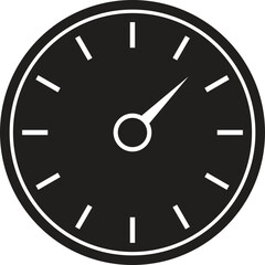 Simple black and white speedometer illustration. This graphic depicts a circular gauge with a needle, ideal for projects related to speed, time, or measurement