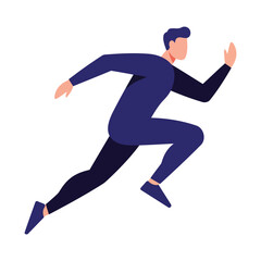 A stylized illustration of a man in a dark blue athletic suit running with dynamic motion, depicting speed and fitness.