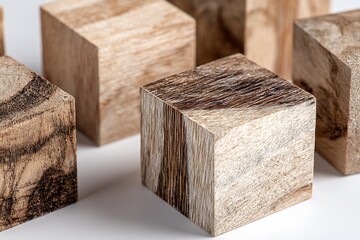 Macro Shot of Natural Wood Blocks with Unique Grain Patterns on White Surface