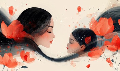 A serene portrait of a mother and child amidst blooming flowers.  Soft hues and flowing lines create a sense of calm