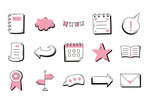 Pink And White Hand drawn Decorative Elements Icons Set