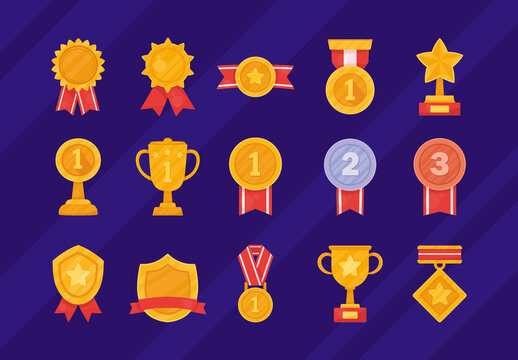 Yellow And Red Trophy Medal Badge Award Prizes Illustration Set