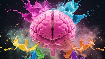 Colorful Brain Splash: Creativity and Innovation - A vibrant pink brain is surrounded by an explosion of colorful paint splashes, symbolizing the dynamic energy and creative potential of the human - Powered by Adobe
