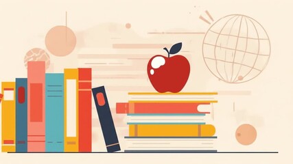 Colorful stack of books with a red apple on top, surrounded by educational elements and a globe - Powered by Adobe