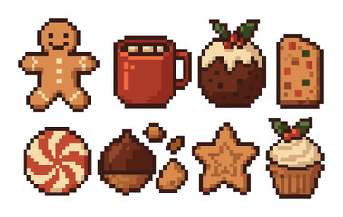 Holiday treats pixel art icon set. gingerbread, mug, pudding, fruitcake, candy cane, nut, cookie, cupcake