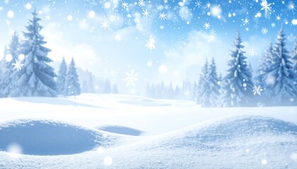 A serene winter landscape showcases a snow-covered forest bathed in soft, pale sunlight, with delicate snowflakes falling gently.