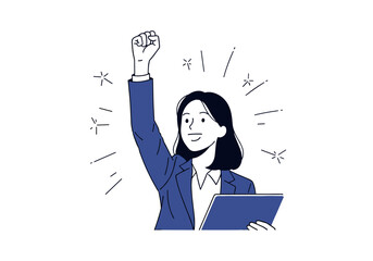 Businesswoman celebrating success with fist pump and tablet.