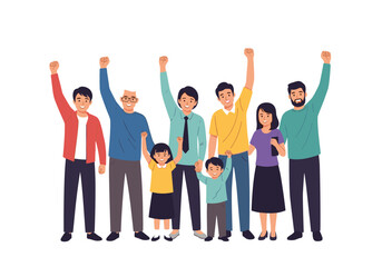 Fototapeta premium Diverse group of people celebrating together with raised fists.