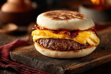 Rustic breakfast sandwich featu a sausage patty, melted cheese, and egg served on a wooden board creates a delicious and satisfying morning meal presentation.