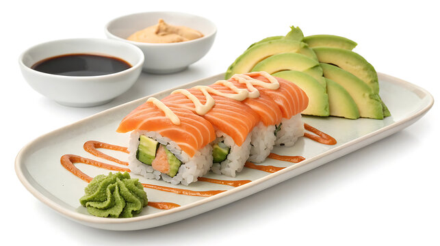 Delicious salmon sushi roll with avocado isolated on white background - Powered by Adobe