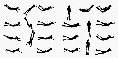 Collection of black silhouettes depicting divers and snorkelers in various swimming and underwater poses.