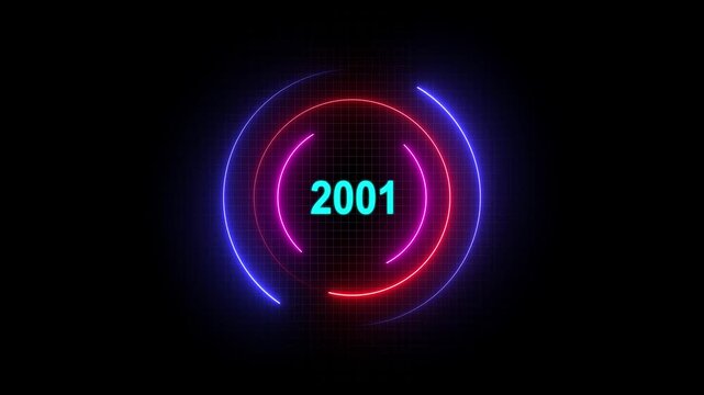 Futuristic neon light circle background with 2001 year text. Abstract glowing technology style.