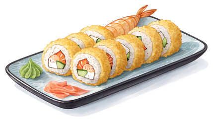 Illustration of a plate of tempura sushi isolated on white background