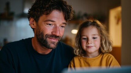 A family of three, a man, a woman, and a child, sitting together at home with a laptop.