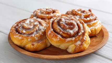 Cinnamon rolls on wooden plate autumn bakery minimal clean background soft warm light close up photography