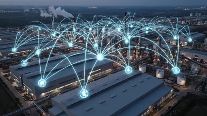 Industrial IoT Network Aerial View - An aerial drone shot of an industrial complex at night, overlaid with a visualization of a communication network connecting various facilities. - Powered by Adobe