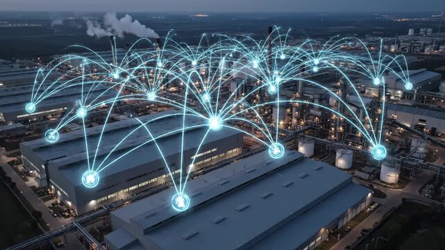 Industrial IoT Network Aerial View - An aerial drone shot of an industrial complex at night, overlaid with a visualization of a communication network connecting various facilities.