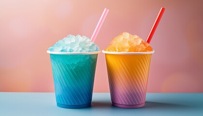 Two Colorful Shaved Ice Cups With Straws On A Pastel Background