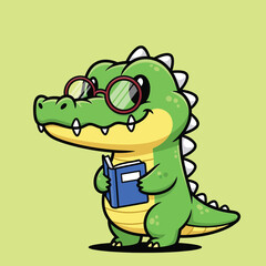 A cute cartoon alligator wearing glasses, holding a book, and smiling happily.
