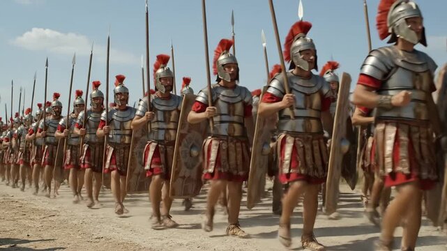 Roman Legionaries Marching in Formation - A line of Roman legionaries in full armor marches in formation, carrying spears and shields.