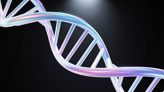 A 3D rendered digital art scene featuring a shimmering, iridescent DNA double helix structure against a dark background with dramatic lighting