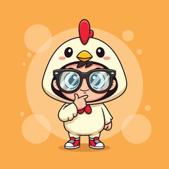 A cute cartoon illustration of a thoughtful boy wearing a chicken costume and large nerdy glasses on an orange background.