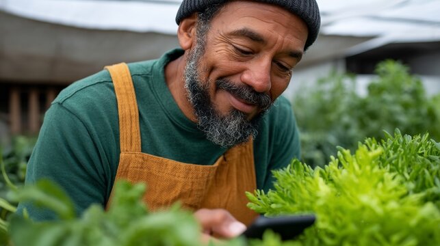 Man tending to plants in greenhouse. - Powered by Adobe