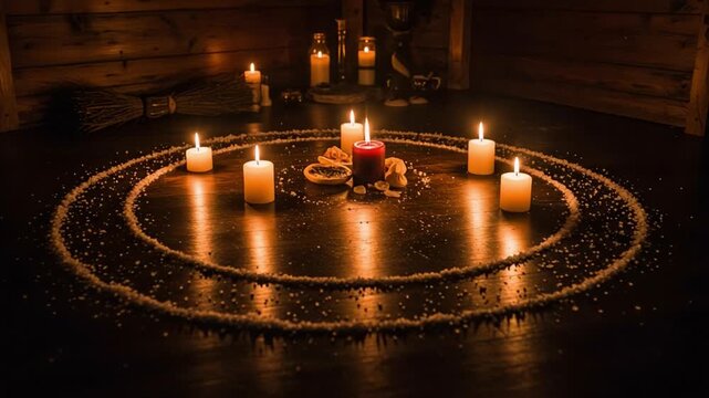 A Mesmerizing Circle of Light: Candles Setting the Mood Amidst a Mystical Arrangement, Creating an Enchanting Atmosphere of Peace and Harmony in a Dimly Lit Space