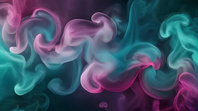 Realistic swirling smoke clouds in teal and magenta, subtle drifting particles, soft glow, static locked camera, smooth motion only in smoke.
