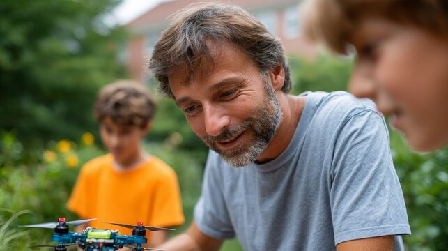 Man, woman, child flying drone in backyard.
