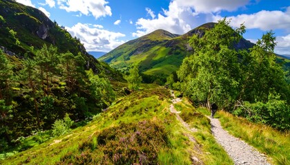 Fototapeta premium Hiking trail through lush mountain valley