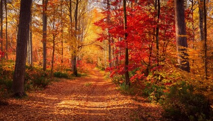 Rustic Trail In A Forest Of Red And Gold Foliage Acrylic Autumn Scene