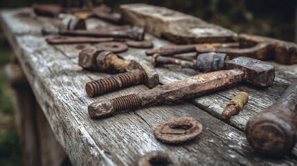 Close-up of Rusty Bolts, Washers, and Old Metal Tools on Weathered Wooden Surface