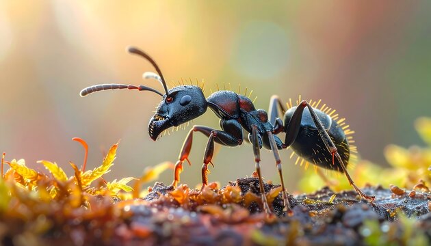 Close-up of a black ant on moss