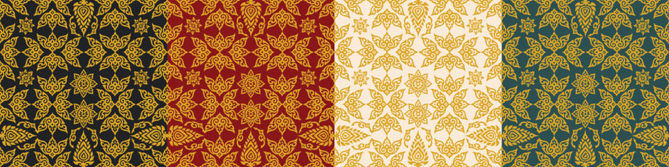 Seamless Thai vector pattern set with golden traditional motifs. Decorative and elegant, suitable for textiles, wallpaper, packaging, and cultural design projects.