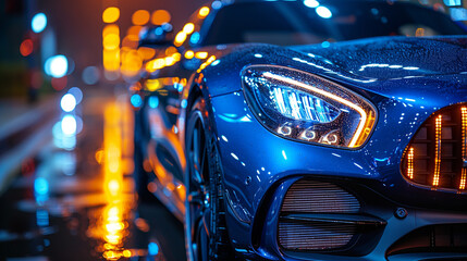Sleek blue sports car illuminated by city night lights, wet pavement.