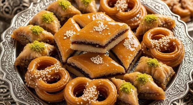 Traditional Maghrebi sweets displayed on an ornate plate invite indulgence in a festive setting
