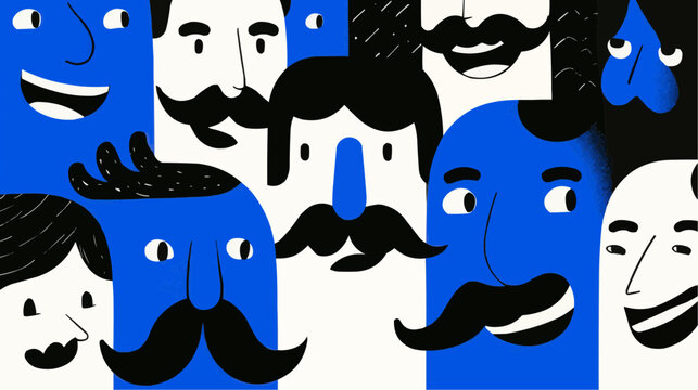 Cartoon moustache characters with smiling faces in bold blue and black palette, playful poster mood with space for awareness message during Movember
