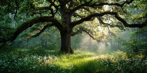 Majestic oak tree in sunlit forest clearing