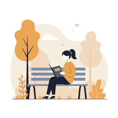 Woman reading a book on a park bench, surrounded by trees and nature illustrations