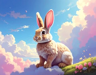 Fluffy rabbit on a cloud, pastel sky