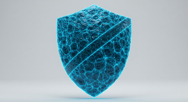 Conceptual illustration of digital defense and online privacy with a glowing blue network shield. Futuristic technology for data security and firewall protection