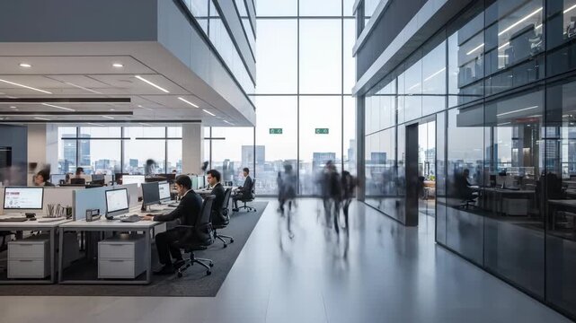 Blurred Timelapse of Busy Corporate Office - A timelapse video shows a modern corporate office with glass windows and many people moving around.