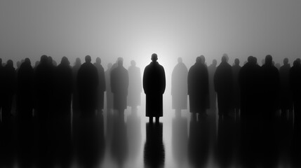 Silhouetted Figures in Foggy Space with One Illuminated Character symbolizing Individual Identity, Social Contrast, and Emotional Presence in Monochromatic Atmospheric Composition