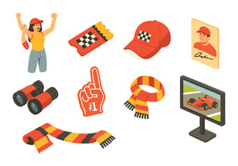 Motorsport fan flat icon set. featuring cap, ticket, autograph, finger, scarf, binoculars, screen