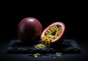 Fresh ripe passion fruit with juicy pulp spilling out on a black slate plate in a dark studio