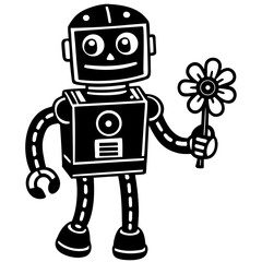 Fototapeta premium Black and white cartoon robot holding tiny flower, bold comic-style outline, expressive eyes, minimalist clean design