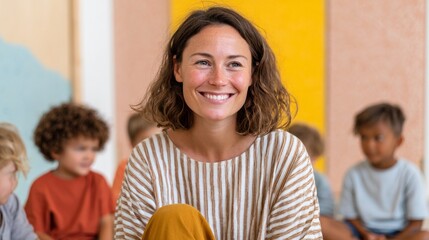 Woman smiling at children in classroom.