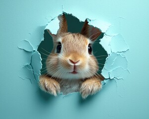 Cute rabbit peeking through a hole in a light teal paper background