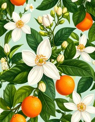 Orange blossoms and citrus fruits pattern